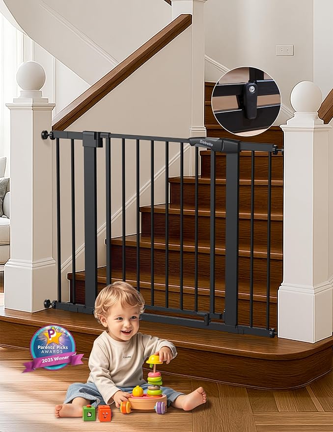 Babelio 29-43" Magnetic Baby Gate for Stairs,Doorways House,Kitchen,30" Tall Pet Barrier with Baffles,Pressure Mounted & Dual-Lock Design Safety for Kids Toddler,Auto-Close/Hold-Open,Black-CubbioJoy