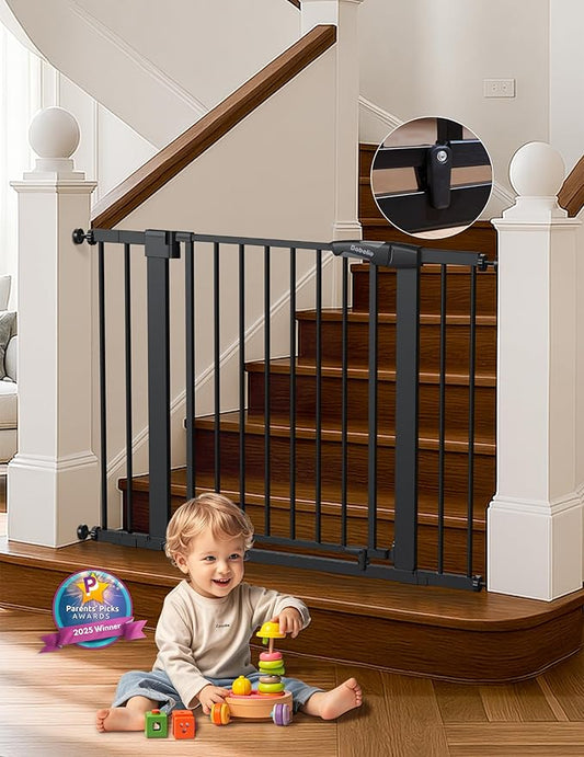 Babelio 29-43" Magnetic Baby Gate for Stairs,Doorways House,Kitchen,30" Tall Pet Barrier with Baffles,Pressure Mounted & Dual-Lock Design Safety for Kids Toddler,Auto-Close/Hold-Open,Black-CubbioJoy