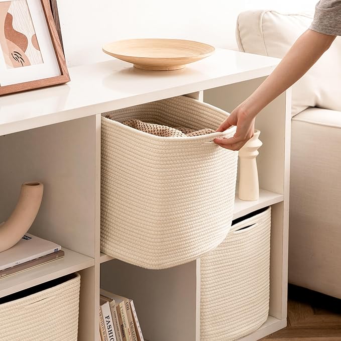 joybest Cube Storage Bins Set of 4, 11inch Cube Baskets Organizer for Nursery, Square Cotton Rope Baskets for Shelves Organizing, Kids Toy, Closet Storage, Beige-CubbioJoy