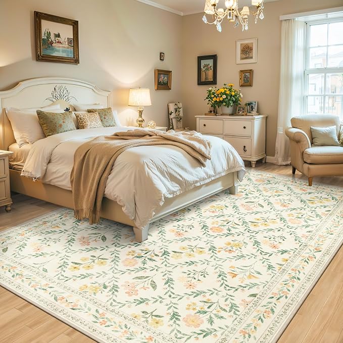 Area Rugs 9x12 Living Room: Floral Washable Rug Vintage Large Soft Boho Non-Slip Carpet Indoor Floor Stain Resistant Low Pile Carpets for Bedroom Dining Room Farmhouse Nursery Home Office Beige/Multi-CubbioJoy