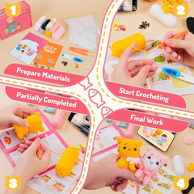 Crochet Kit for Beginners - Cat Crochet Kit with Step-by-Step Video Tutorials, Learn to Crochet Kits for Adults and Kids, 4 PCS Crochet Animals Cat with Hat, Toy, Fish Crocheting Set-CubbioJoy