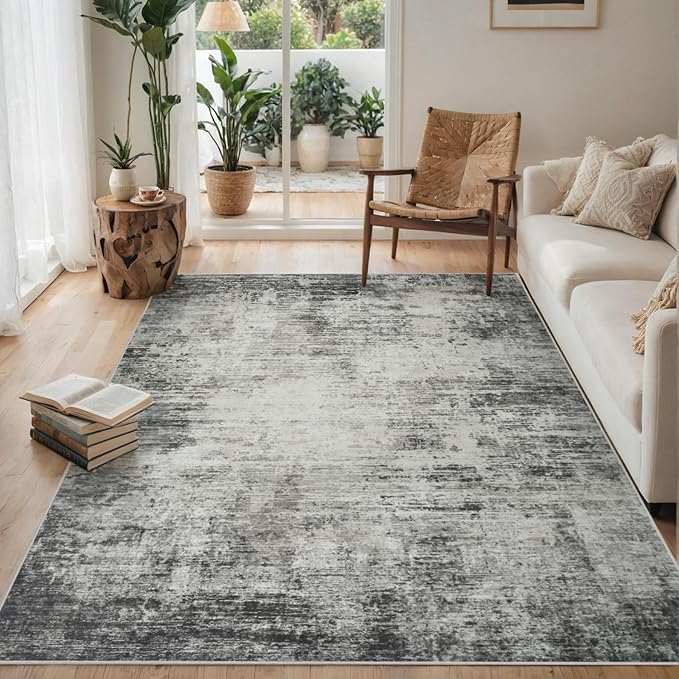 Area Rugs 8x10 Living Room Rugs: Modern Abstract Washable Rug with with Non-Slip Backing, Stain Resistant Indoor Floor Large Carpet for Bedroom Dining Room Table Nursery Hallway Home Office-Black/Gray-CubbioJoy