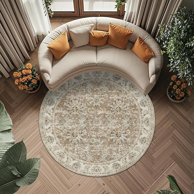 jinchan Round Rug 6ft Area Rug - Taupe Vintage Floor Mat Kitchen Indoor Ultra-Thin Soft Floral Print - Washable Circle 6' Retro Accent for Farmhouse Non Slip Dining Room Living Room Bedroom Office-CubbioJoy