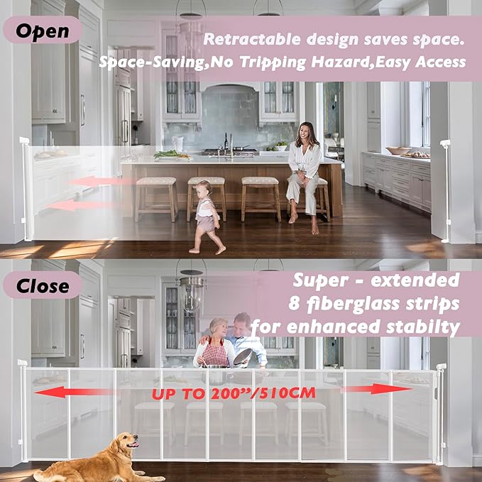200" Retractable Baby Gates Extra Wide for Large Opening, 41" Extra Tall Retractable Dog Gate Pet Gates, Long Child Safety Mesh Gate with Fiberglass Rods for Stairs, Doorways, Hallways, Indoor/Outdoor-CubbioJoy