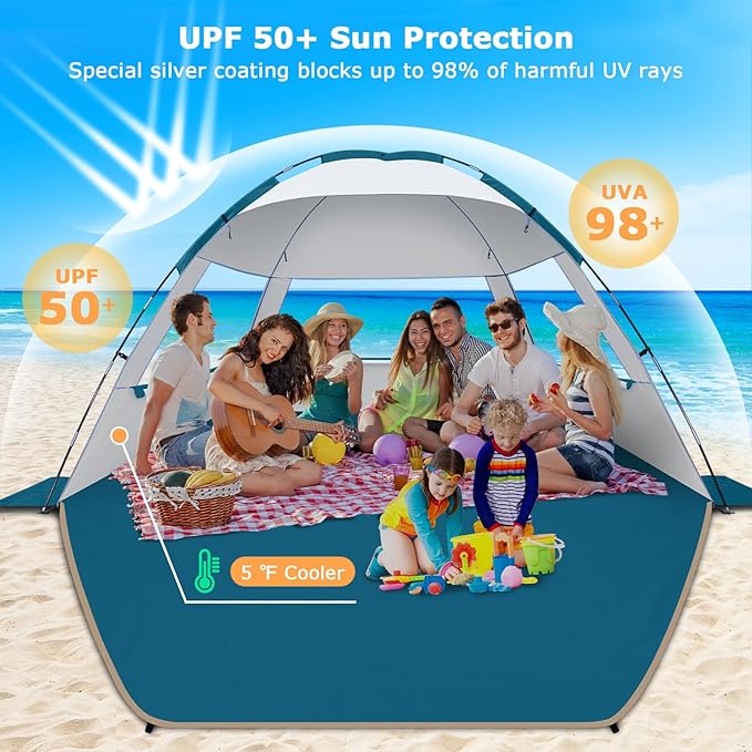 COMMOUDS Beach Tent Sun Shade for 3/4-5/6-7/8-10 Person, UPF 50+ Beach Sun Shelter Canopy Tent, Lightweight, Easy Set Up and Carry-CubbioJoy
