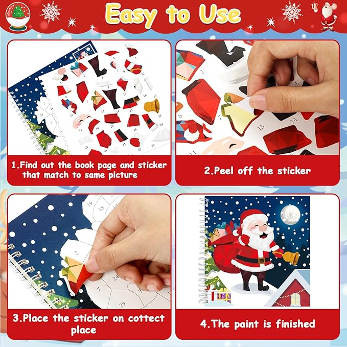 4 Pcs Christmas Paint by Sticker Books for Kids Ages 4-8 Sticker by Number Books Activity Book for Kids Ages 3-5 Sticker Puzzle Book Craft Art Toddlers Gift Snowman Santa Claus Xmas Tree 32 Pictures-CubbioJoy