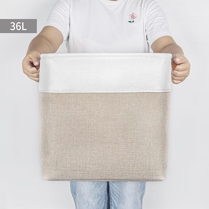 13x13 Cube Storage Bins, Collapsible Fabric Storage Box, 4 Pack Closet Baskets with Handles for Organizing, Shelf, Toys, Clothes, Home, Office, Nursery (Beige&White)-CubbioJoy