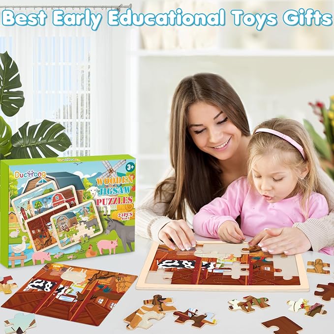 4-in-1 Farm Wooden Puzzles for Kids Ages 4-6, 24 PCS Wooden Jigsaw Puzzles for Toddlers Ages 2-4, Preschool Educational Puzzles Boards Toys Gifts for 3 4 5 6 Boys Girls-CubbioJoy