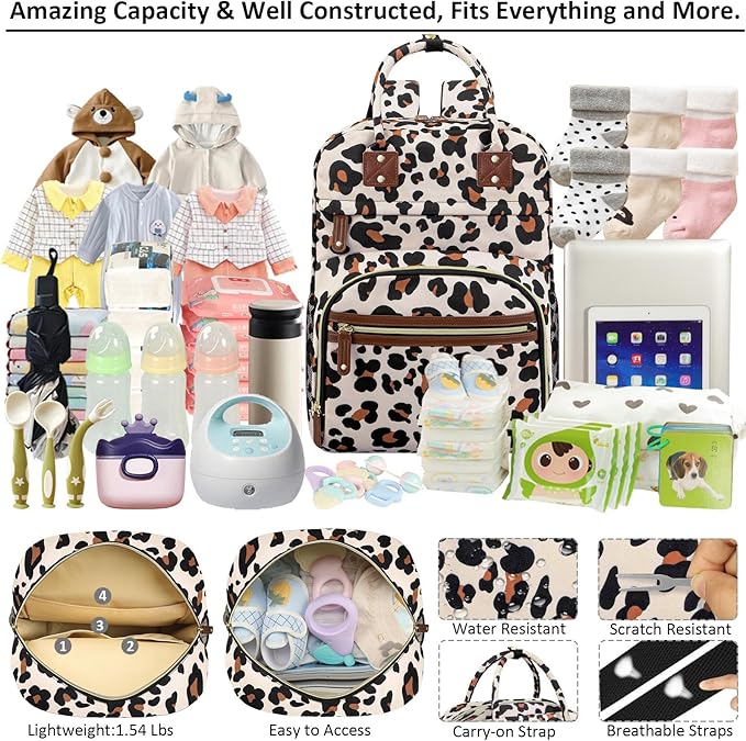 Diaper Bag Backpack Tote for Women Large Capacity, Baby with Insulated Pockets Multifunctional Bags For Girl Boy Waterproof Boys Girls Mama Maternity Travel Leopard-CubbioJoy