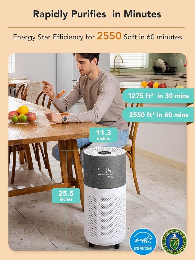 CleanForce Rainbow H13 True HEPA Air Purifier for Home Large Room, Bedroom, up to 2550sqft, Smart App-Control air Quality Monitor, Filters dust Pollen Smoke Odor VOCs-CubbioJoy