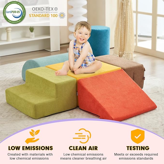 jela Foam Blocks 6Pcs Soft Play Equipment Luxury Miss Fabric, Toddler Climbing Toys Indoor Soft Play Climbing for Toddlers, Lightweight Climbing Blocks for Babies, Kids, Climb and Crawl Foam Playset-CubbioJoy