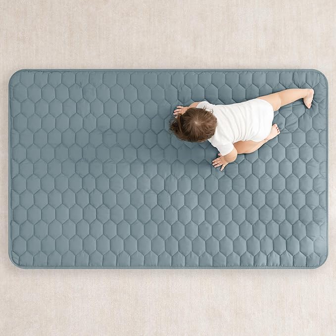 Comfy Cubs Rectangle Kids Play Mat - Small 36 x 60 inches Soft Quilted Baby Floor Mat with Non-Slip Bottom - Plush Design for Toddlers' Playtime and Relaxation - Comfortable and Durable - Pacific Blue-CubbioJoy