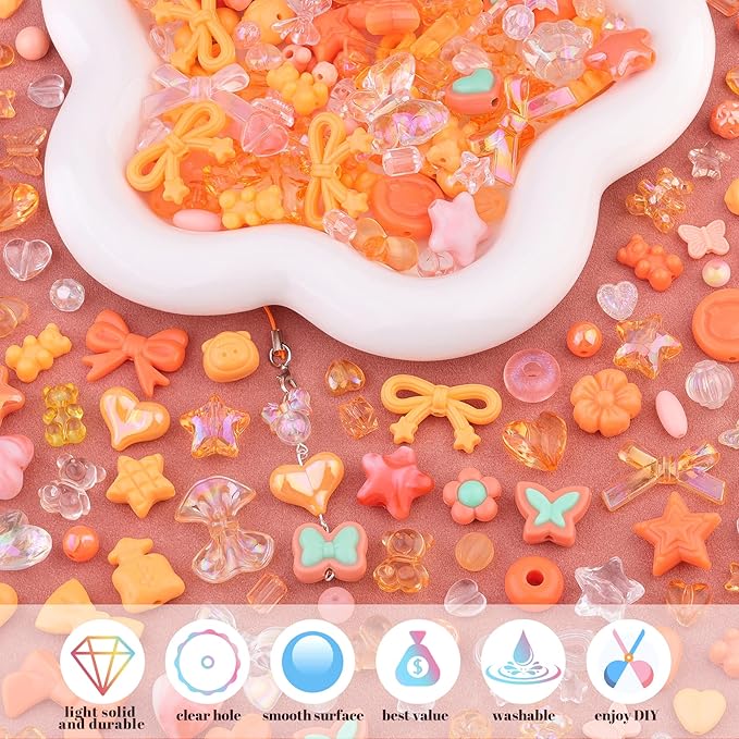 Assorted 170-230PCS Orange Acrylic Beads for Bracelet Making, Flower Bow Butterfly Candy GummyBear Aesthetic Bracelet Charms,Cute Beads for Jewelry Making DIY Necklace Keychain Phone Charm-CubbioJoy