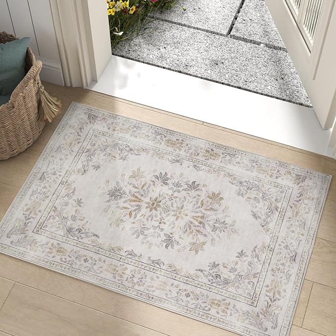 jinchan Floral 2x3 Rug for Entryway - Vintage Washable Area Rug Ultra-Thin Low Pile Soft Small Non Slip Distressed Indoor Door mat Accent for Entrance Kitchen Bedroom Bathroom (2x3ft,Light Grey)-CubbioJoy