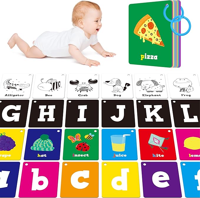 52 PCS Baby Visual Stimulus Cards, Double-Sided High Contrast Black and White, Colorful Alphabet Words Flashcards, Visual Sensory Development Montessori Cards Set for Newborn Baby, Kids, Preschool-CubbioJoy