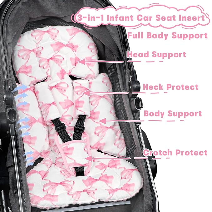Infant Car Seat Insert, Soft Baby Car Seat Head & Body Support for Girl Boy, Reversible Newborn Preemie Carseat Insert Cushion with 3 Straps Pads, Fits Car Seat, Stroller, Swing, Bouncer, Pink Bow-CubbioJoy