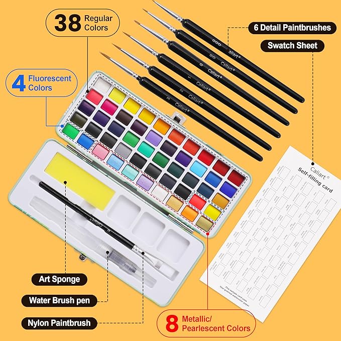 50 Colors Watercolor Paint Set with 6 Brushes, Portable Travel Water Color Kit with Carrying Case, Palette and Accessories, Non-Toxic Art Supplies Gift for Artists Adult Teen Kids Girls Boys-CubbioJoy