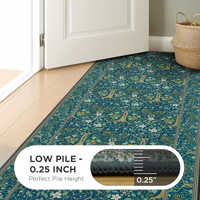 Joydeco Washable Area Rugs 5x7, Boho Floral Dining Room Rug Non Slip, Soft Low-Pile Botanical Forest Indoor Floor Throw Carpet for Living Home Office Playroom Foyer, Dark Blue-CubbioJoy