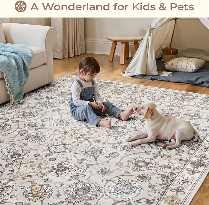 6x9 Area Rug for Living Room & Bedroom, Washable Non-Slip Vintage Rugs, Neutral Floral Soft Carpet, Low Pile Wool Carpets for Indoor Dining Home Office Playroom Under Table, Beige-CubbioJoy