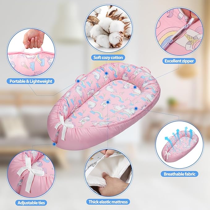 Baby Lounger - Breathable & Soft Baby Nest, Portable and Lightweight Tummy Time Lounger for Home and Travel, Ideal Newborn Babies Essentials Baby Shower Gifts-CubbioJoy