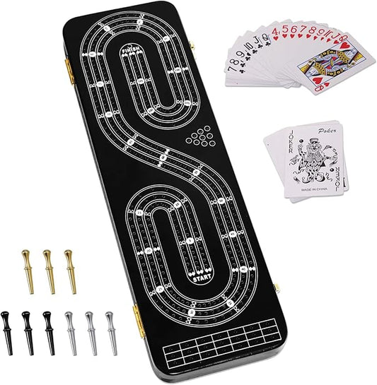 Cribbage Board Game Set 3 Tracks, 2 Storage Area, with 9 Metal Pegs,2 Decks of Playing Cards and Instruction, Wooden Travel Portable Cribbage Game Sets-CubbioJoy
