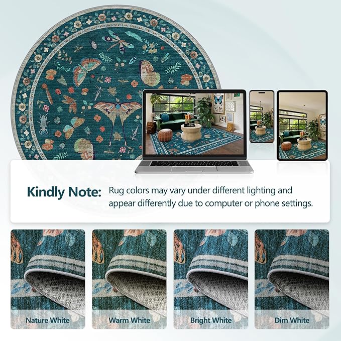 4ft Washable Round Rug - Bug Rugs for Living Room Non-Slip Low Pile Soft Ultra-Thin Machine Washable Circle Carpet for Bedroom, Entryway, Nursery, Kitchen, Home Office (4' Round Teal)-CubbioJoy