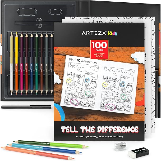 Arteza Kids Activity Book, Spot The Difference Book, Back to School Supplies for Ages 6 and Up, 50 Sheets, 12 Double-Ended Colored Pencils, Black Marker, Eraser, Sharpener-CubbioJoy