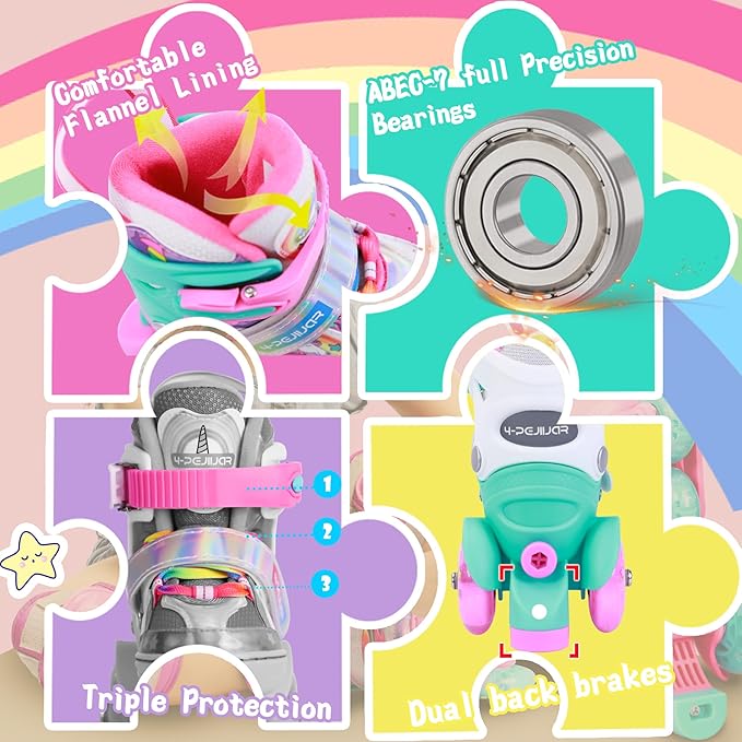 4-Pejiijar Rainbow Unicorn Kids Roller Skates for Girls Toddler Ages 2-4 5-8 8-12,Adjustable Roller Shoes with Luminous Wheels for Birthday Xmas Gifts-CubbioJoy