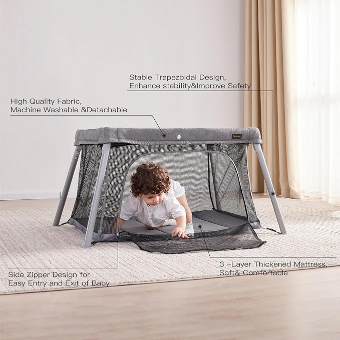 2 in 1 Portable Travel Crib for Toddler, Foldable Crib for Baby, Lightweight Playpen Collapsible Playard with Soft Mattress, Easy to Carry Baby Travel Bed for Outdoor, Indoor (Grey)-CubbioJoy