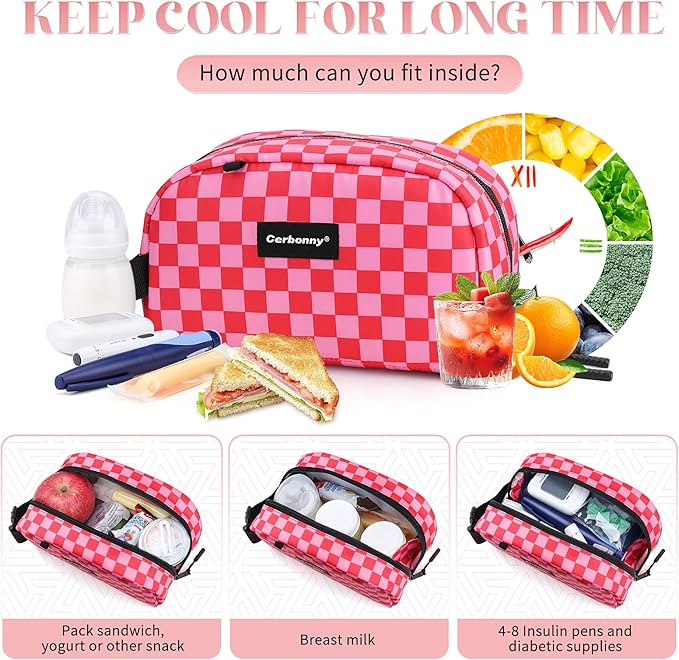 Cerbonny Small Cooler Bag Freezable Lunch Bag for Work School Travel, Leak-proof, Insulated, Waterproof, Portable, Pink Checkerboard, 2.5L-CubbioJoy