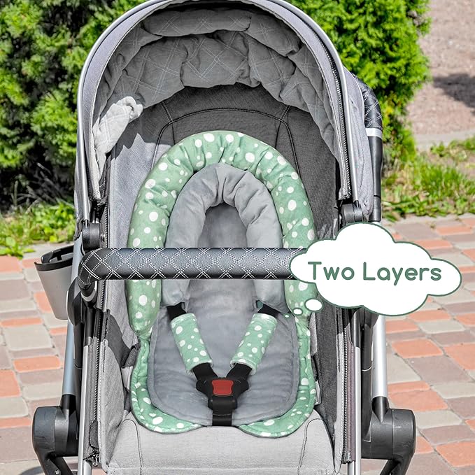 Baby Car Seat Head Support for Newborn, GFU 2 in 1 Infant Car Seat Head Body Support with Strap Pads, Soft Stroller Cushion Pillow Insert for Girls and Boys, Fits for Stroller, Swing, Green-CubbioJoy