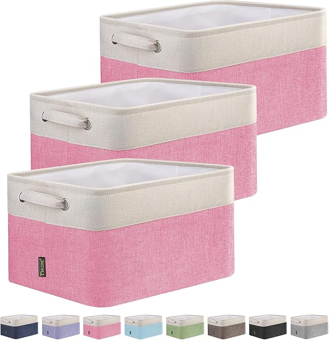 BALEINE 3 Pack Fabric Storage Bins for Shelves, Linen Storage Baskets for Organizing, Decorative Closet Bins for Clothes, Home (Pink, 15''x11''x9.5'')-CubbioJoy