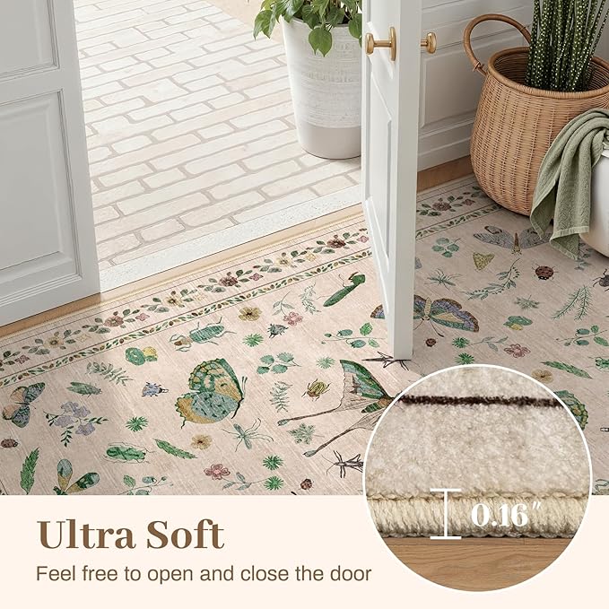 8x10 Area Rugs with Insect Print - Bug Rug Non-Shedding Stain Resistant Soft Carpet for Bedroom, Low Pile Ultra-Thin Machine Washable Carpet for Dining Room, Kids Nursery, Office (8'x10' Beige)-CubbioJoy