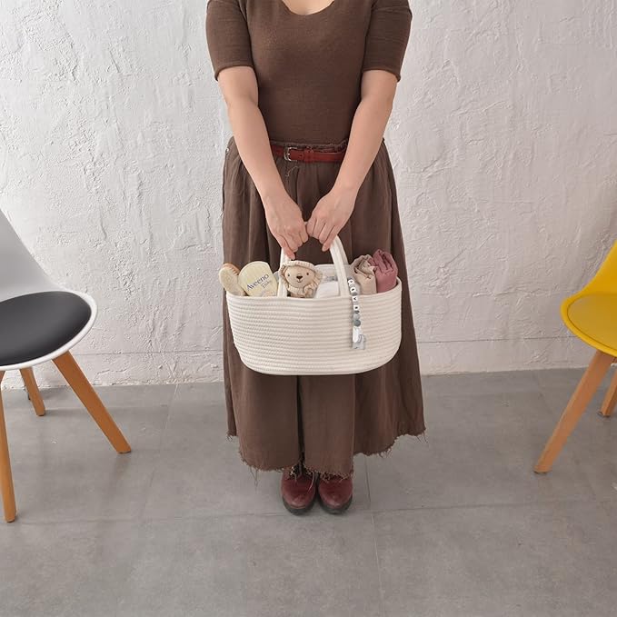 Baby Diaper Caddy Organizer for Girl Boy Cotton Rope Nursery Storage Bin Basket Portable Holder Tote Bag for Changing Table Car Travel Baby Shower Gifts Newborn Essentials Registry Must Haves White-CubbioJoy