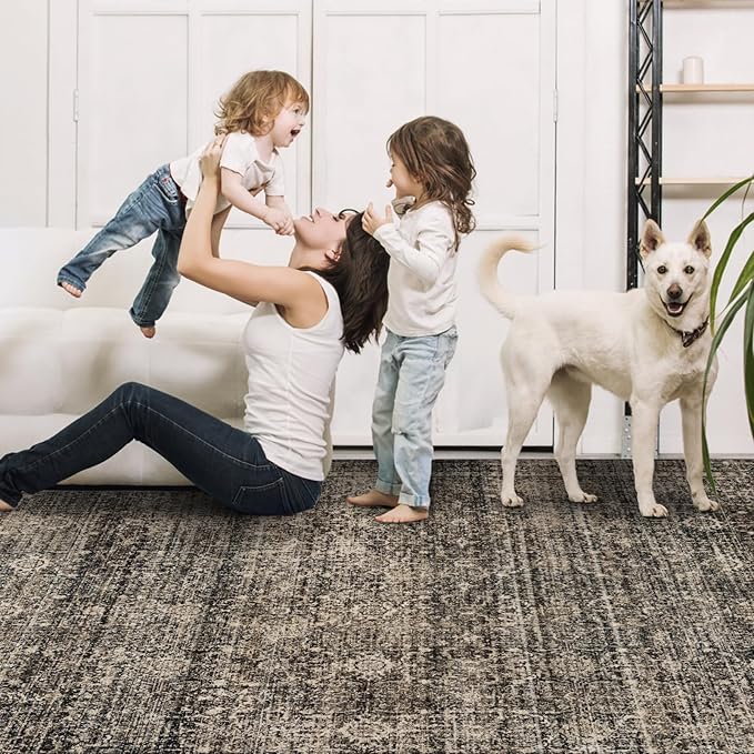 9x12 Area Rug Living Room Rugs, Stain Resistant Washable Rug, Vintage Large Non-Slip Backing, Low Pile Lightweight Print Rug for Bedroom Dinning Room Home Office (Brown)-CubbioJoy