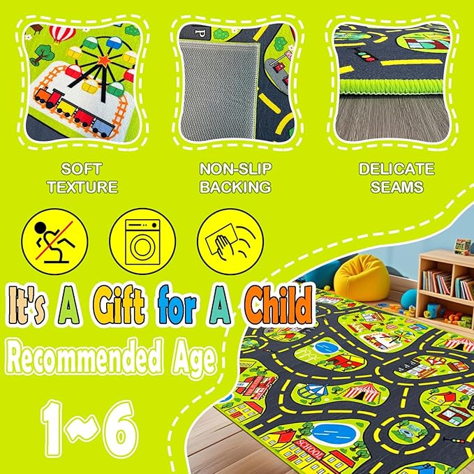 Car Rug 2.6x5 Feet, Car Mat for Kids Race Track Rug Road Play Mat with Roads City Map Design-CubbioJoy
