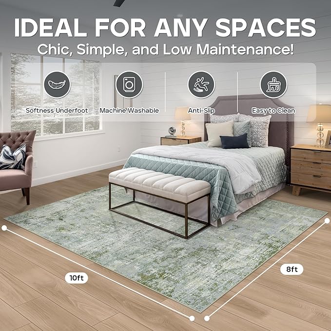 8x10 Area Rugs for Living Room Rug Washable: Modern Large Rug for Dining Room Bedroom Carpet Non Slip 8 by 10 Indoor Abstract Nursery Home Office Green-CubbioJoy