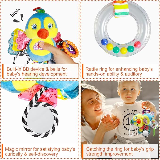 Baby Stroller and Car Seat Toys for Infant - Hanging Rattle Teether Clip on Soft Plush Baby Toys for Boys and Girls 3-12 Months-CubbioJoy