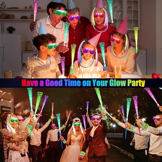 148 PCS Glow in the Dark Party Supplies, 16 Fiber Optic Wands, 14 LED Glasses, 100 Glow Sticks and 18 LED Hair Clips Fiber Optic for Neon Party, Wedding, Birthday, Concert, New Year-CubbioJoy