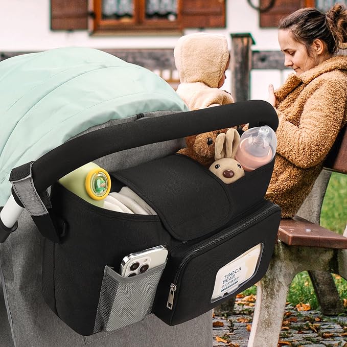 Accmor Universal Stroller Organizer with Insulated Cup Holder, Stroller Caddy Bag Accessories, Stroller Cup Holder Organizer for Uppababy Baby Jogger Britax Stroller, Black-CubbioJoy