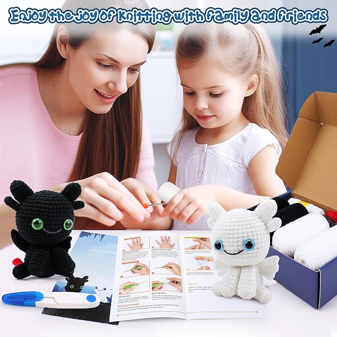 Dragon Crochet Kit for Beginners, 2PCS Black and White Dragon Crochet Animal Kit with Step-by-Step Video Tutorials, Crocheting Kits, Crochet Starter Kit for Kid and Adult, Stuffed Animal Knitting Kits-CubbioJoy
