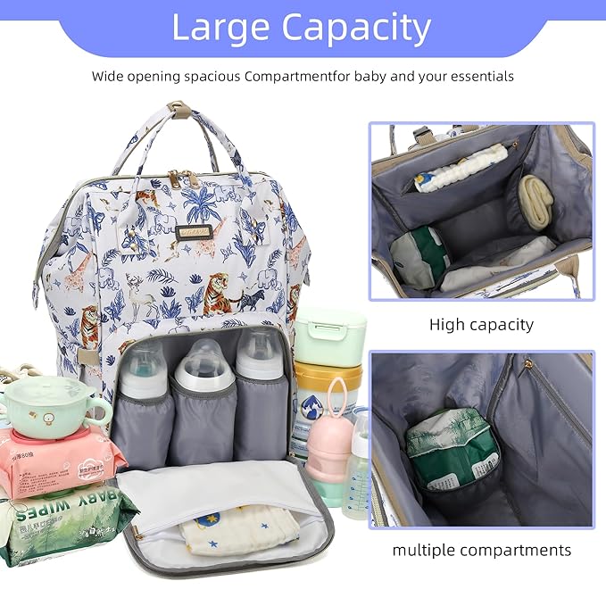 Diaper Bag Backpack, Diaper Bags for Baby Girls Boys, Baby Bags for Moms Dads, Nappy Changing Bag with Insulated Pockets,Multi-functional Waterproof Backpack with Stroller straps-Animal World White-CubbioJoy