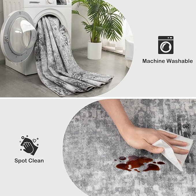 Kelarea Living Room Rug 4x6 Grey Area Rug Machine Washable Rugs, Non Slip Abstract Vintage Indoor Carpet for Bedroom, Nursery, Classroom, Dining Room, Home Office-CubbioJoy