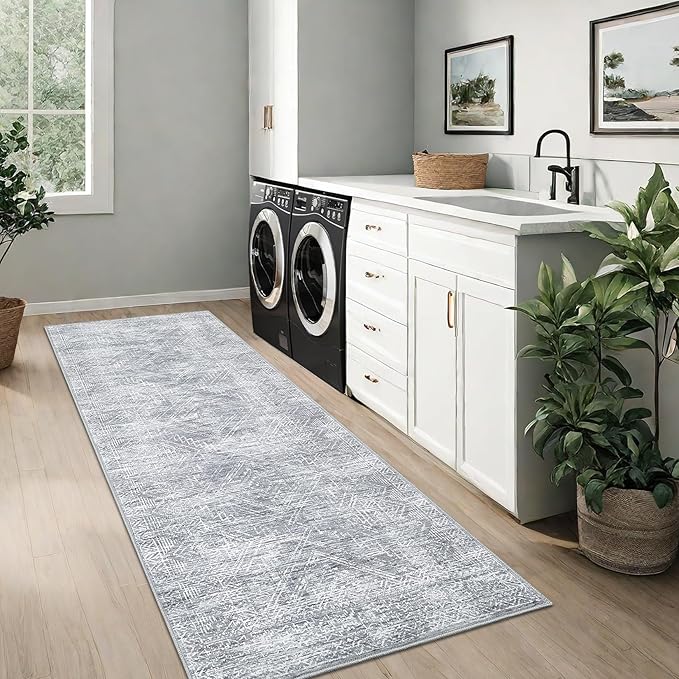 COZYLOOM 2x8 Runner Rug for Living Room, Kitchen Modern Washable Distressed Accent Carpet with Non-Slip Backing, Ultra-Soft Contemporary Geometric Floor Mat, Bedroom, Grey-CubbioJoy
