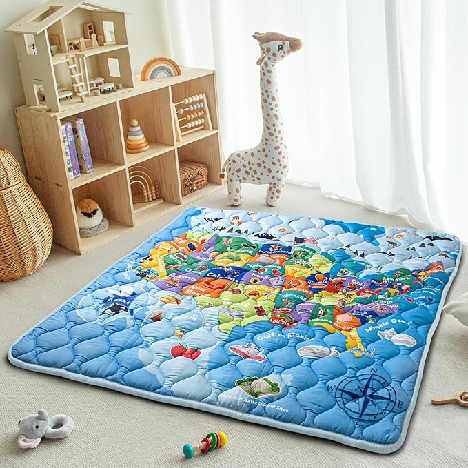 Baby Play Mat, 50x50 Playpen Mat with Super Soft Touch, Thick Activity Mat with Upgraded Anti-Slip Bottom, Machine Washable Crawling Mat for Floor & Picnic (Map)-CubbioJoy