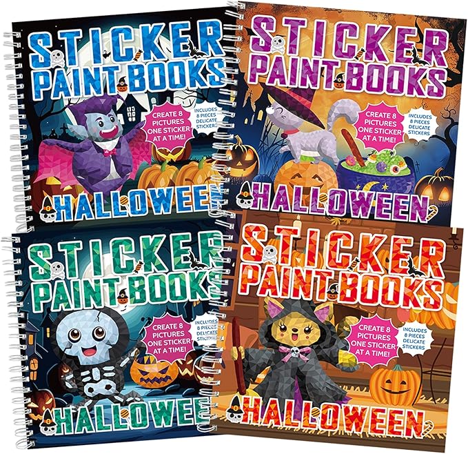 4Pcs Halloween Paint by Sticker Books for Kids Ages 4-8 Halloween Pumpkin Ghost Witch Sticker by Number Books Activity Book for Kids Puzzle Book Craft Art Gift Holiday Party Favors Create 32 Pictures-CubbioJoy