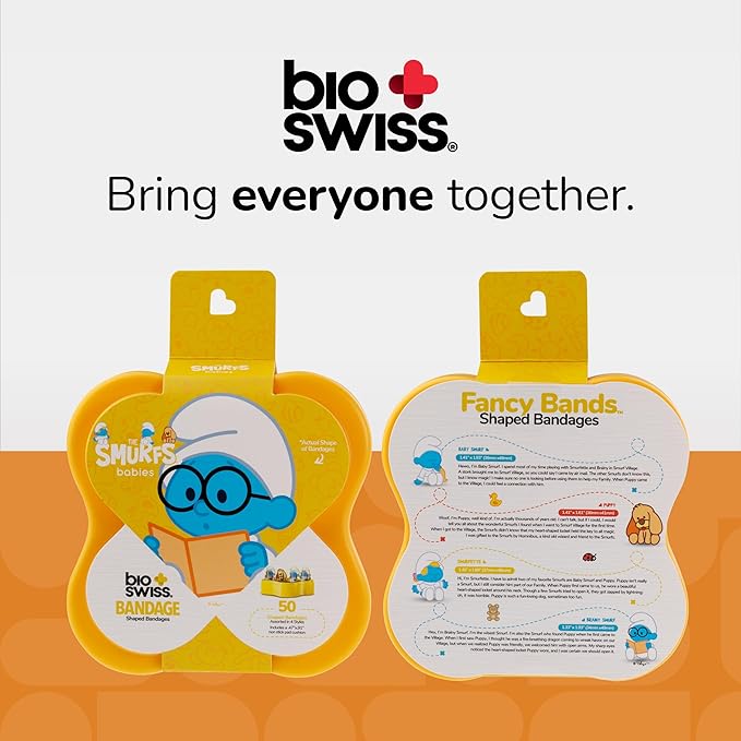 BioSwiss Bandages, The Smurfs Baby Smurf Shaped Self Adhesive Bandage, Latex Free Sterile Wound Care, Fun First Aid Kit Supplies for Kids and Adults, 50 Count Case-CubbioJoy