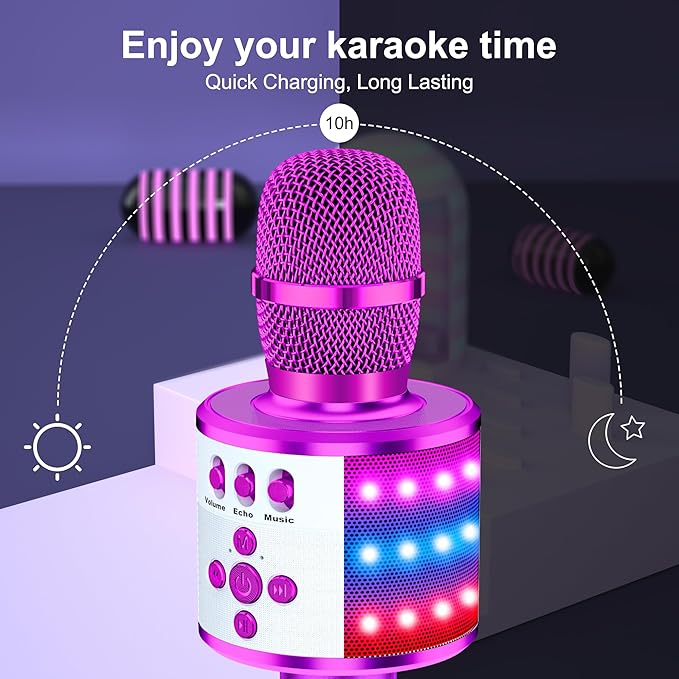 BONAOK Karaoke Microphone for Kids & Adults - Bluetooth Microphones Singing Mic with Disco Lights, Echo Effect, Built-in Speaker Portable Karaoke Player for Party Travel Gifts Q78(Purple)-CubbioJoy