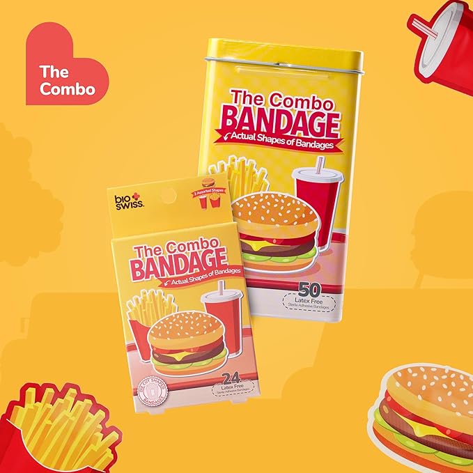 BioSwiss Bandages, Combo Meal Shaped Self Adhesive Bandage, Latex Free Sterile Wound Care, Fun First Aid Kit Supplies for Kids, 24 Count-CubbioJoy