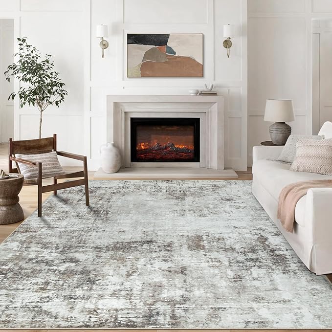9x12 Area Rugs for Living Room Rug Washable: Modern Large Rug for Dining Room Bedroom Carpet Non Slip 9 by 12 Indoor Abstract Nursery Home Office Brown Grey-CubbioJoy